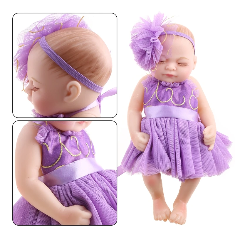 DXAD Mini Doll Girls Sleeping in Vinyl Silicone Bodies Handmade Toys and Purple Dress