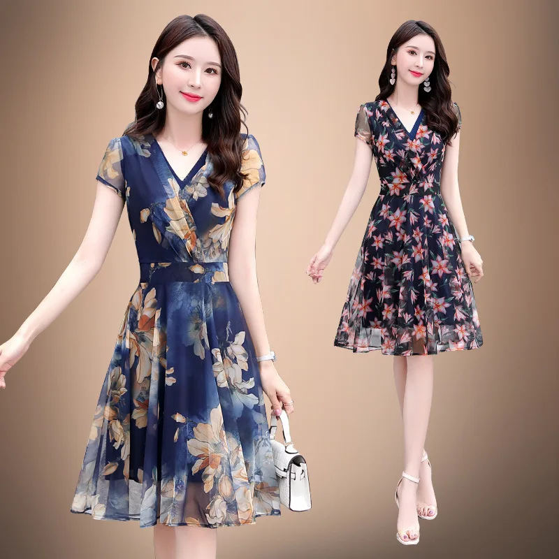 

Hua Ge Di Qing summer floral dress women V-neck show thin Chiffon short style small temperament big size fat mm skirt