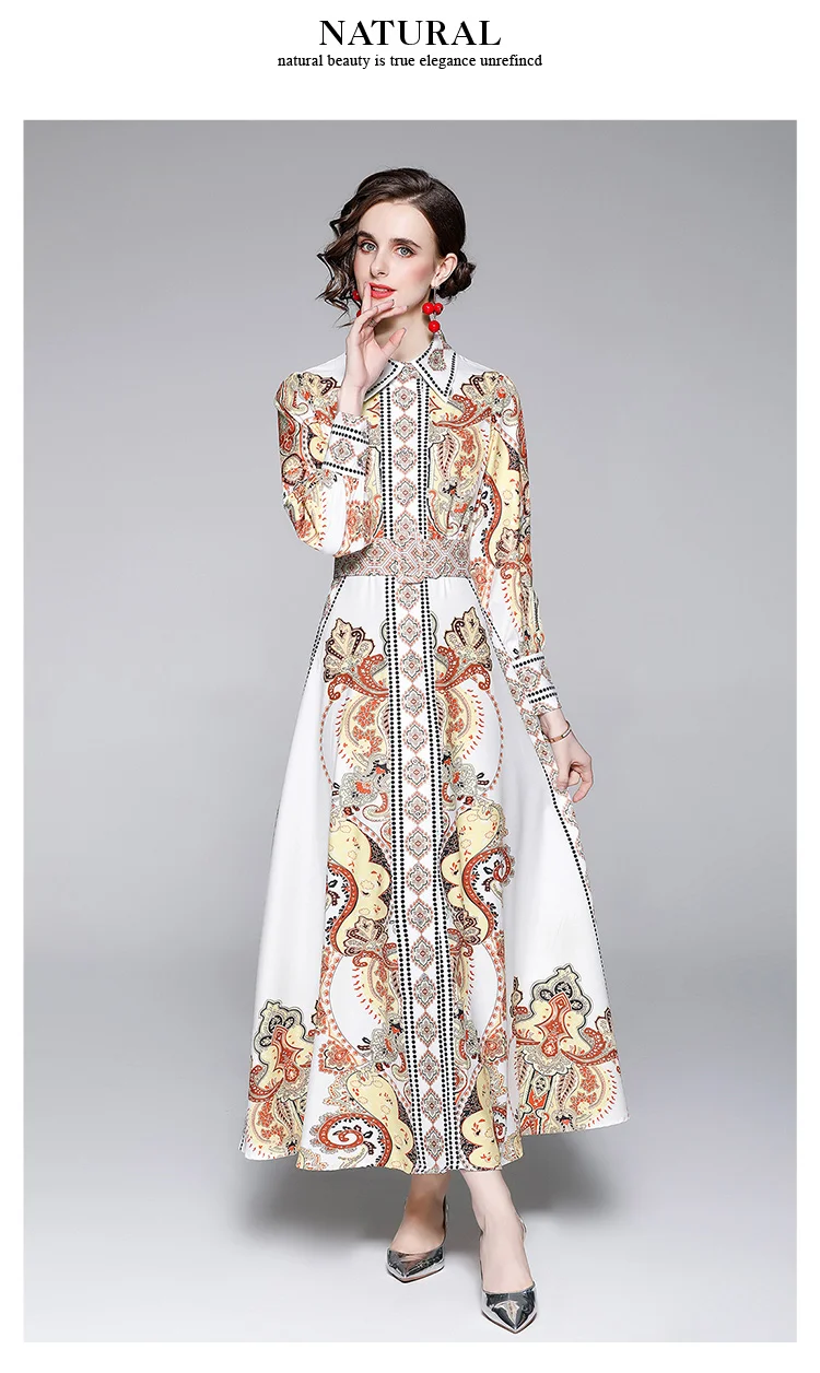 Runway Design Flower Printed Robe Female Autumn Elegant Tutrn Down Collar Long Sleeve High Waist Casual Maxi Dress With Belt
Runway Design Flower Printed Robe Female Autumn Elegant Tutrn Down Collar Long Sleeve High Waist Casual Maxi Dress With Belt