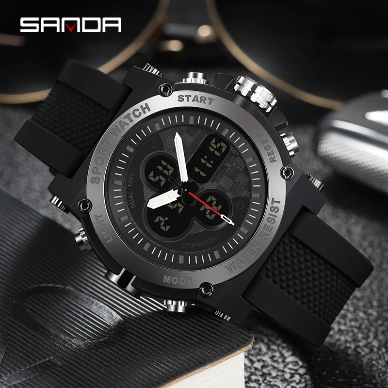 

Часы наручные SANDA Мужские кварцевые цифровые, спортивные креативные водонепроницаемые с будильником и двойным дисплеем, в стиле милитари