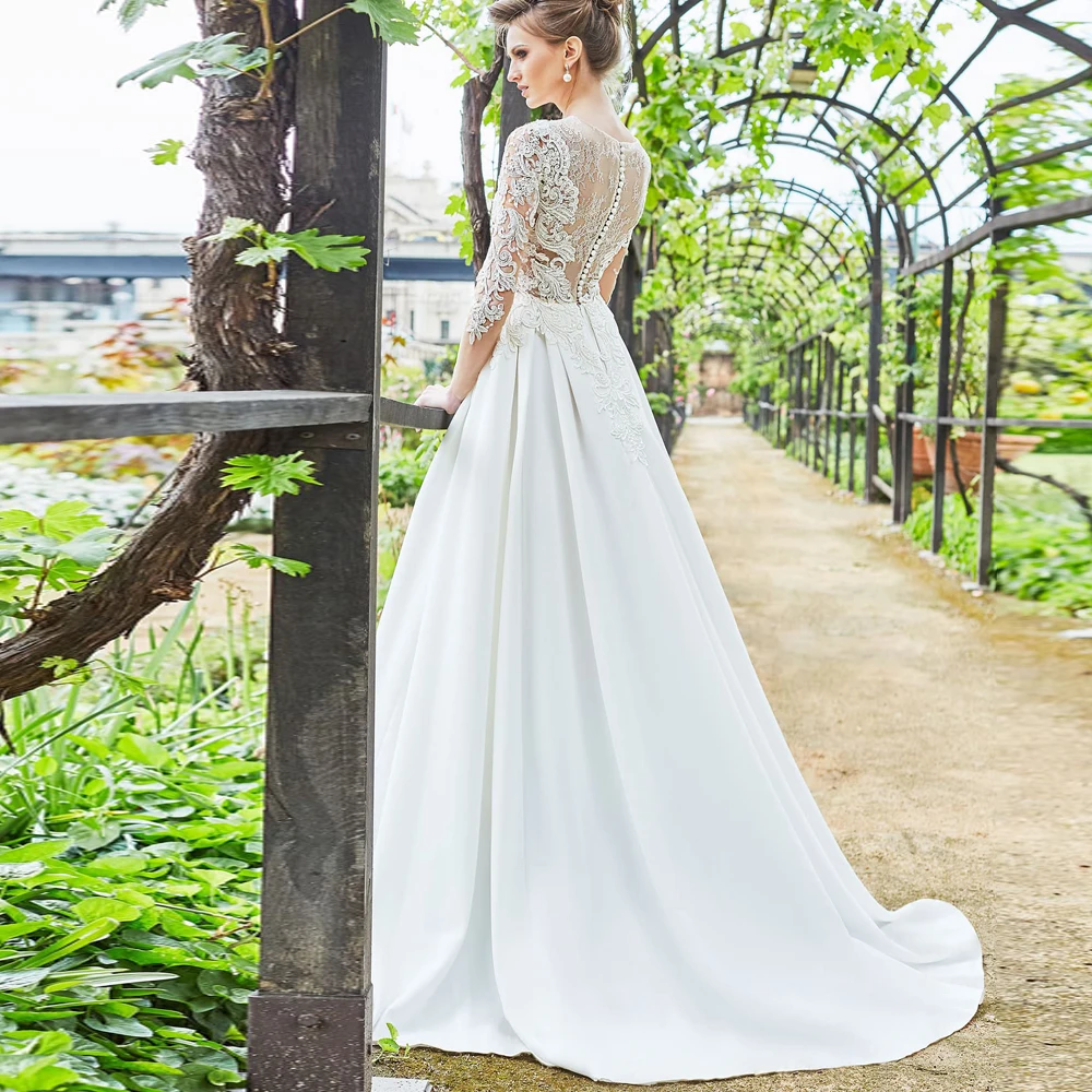 Vestidos Elegant Wedding Dresses Chiffon Appliques Lace Pleat Bateau Full Sleeve Covered Button A-Line Bridal Gowns
Vestidos Elegant Wedding Dresses Chiffon Appliques Lace Pleat Bateau Full Sleeve Covered Button A-Line Bridal Gowns