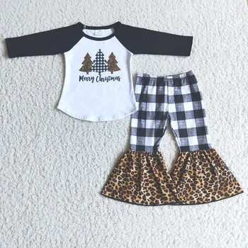 New arrival christmas tree outfits baby girls letter tops plaid leopard flare pants 2 pcs set kid childrens clothing suits
