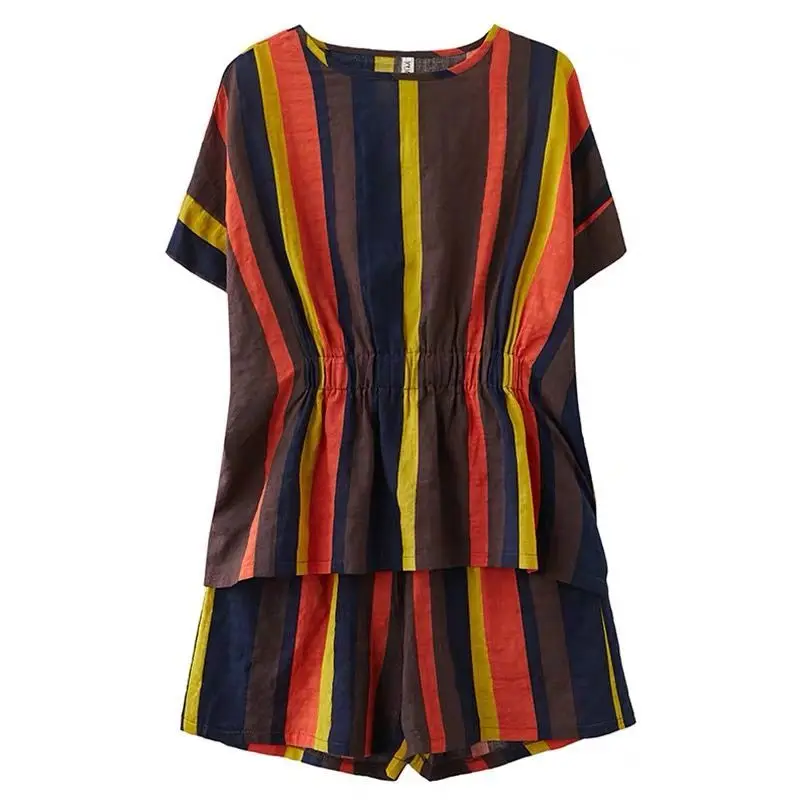 2021 Women's Cotton Outfits 2 Piece Sets Stripe Short Sleeve O-neck Tops+ Loose Wide Leg Shorts Summer Casual Two Piece Set L382
2021 Women's Cotton Outfits 2 Piece Sets Stripe Short Sleeve O-neck Tops+ Loose Wide Leg Shorts Summer Casual Two Piece Set L382