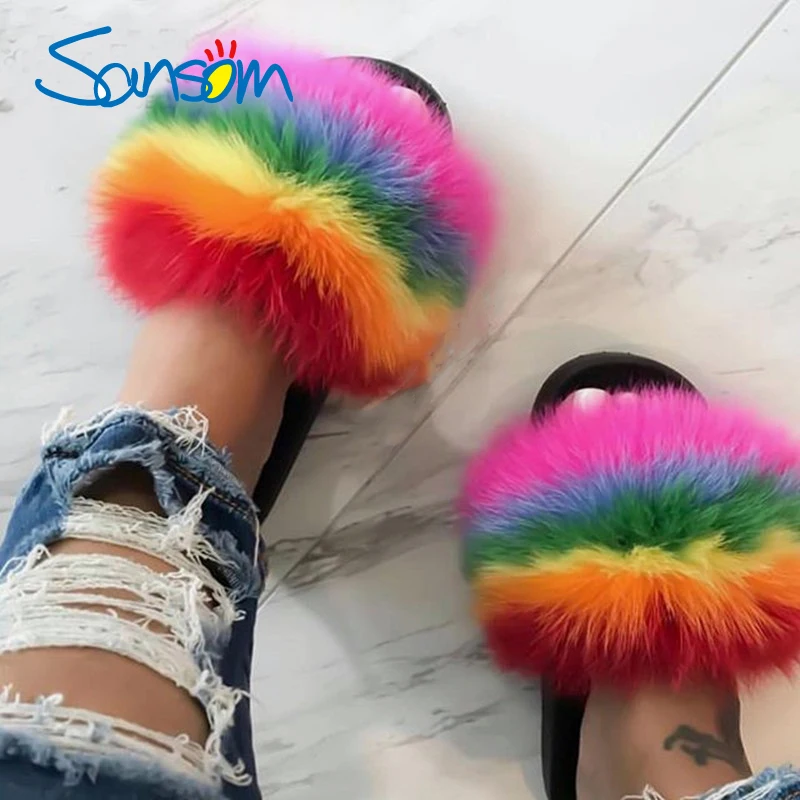 Wholesale 100% Real Plush Fox Fur Slippers Slides Lady Summer Flip Flops Cute Holiday Fluffy Raccoon Fur Sandals Shoes
Wholesale 100% Real Plush Fox Fur Slippers Slides Lady Summer Flip Flops Cute Holiday Fluffy Raccoon Fur Sandals Shoes