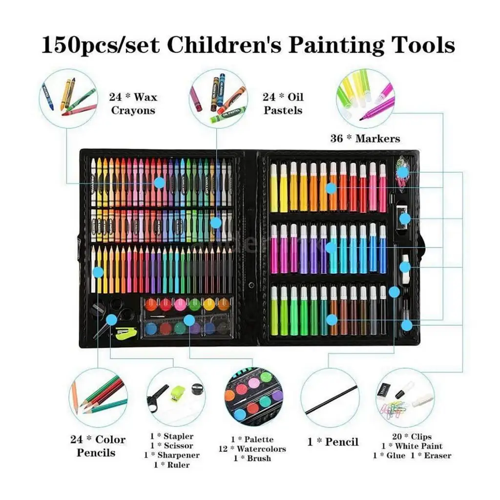 150 Pieces Art Set Drawing Box for Children Colored Pencils Crayons Oil Pasttels
150 Pieces Art Set Drawing Box for Children Colored Pencils Crayons Oil Pasttels