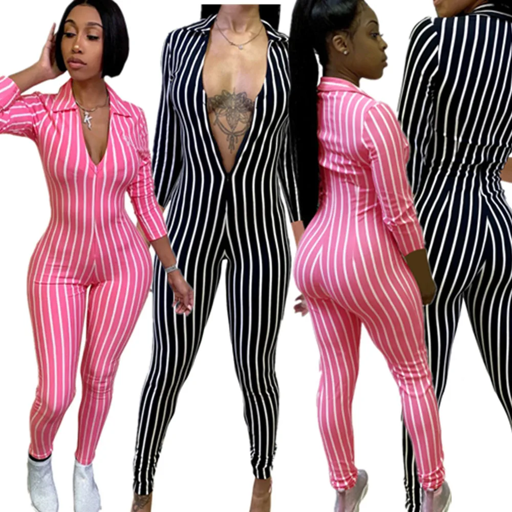 Zoulv Zipper Jumpsuit Vertical Stripe Tight Quarter Sleeve Deep V Sexy Street Suit Lapel Fashion Plus Size Womens Romper Suit
Zoulv Zipper Jumpsuit Vertical Stripe Tight Quarter Sleeve Deep V Sexy Street Suit Lapel Fashion Plus Size Womens Romper Suit