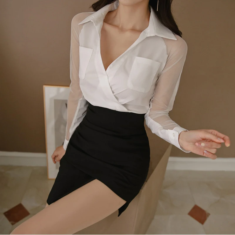Office Ladies Women 2 Pieces Suits Mesh Patchwork White Shirt Top & Irregular Sheath Bodycon Short Skirt Work Wear Set 2020 | Женская