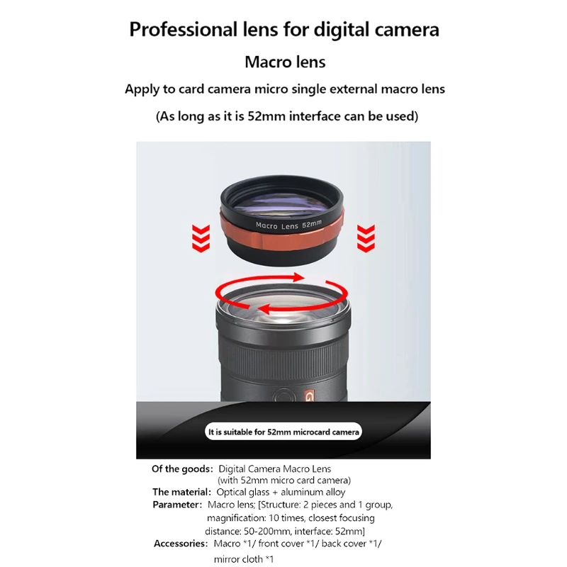 Professional 52MM Screw Mount Adapater Ring with Macro Lens Kit, Comes with Cleaning Cloth and Lens Cap for DSLR
Professional 52MM Screw Mount Adapater Ring with Macro Lens Kit, Comes with Cleaning Cloth and Lens Cap for DSLR
