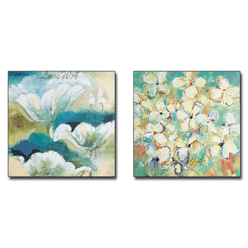 

2 Panel Abstract Green Flower Textured Hand-painted Oil Painting Home Decoration Pieces Canvas Wall Art Unframed Floral Artwork