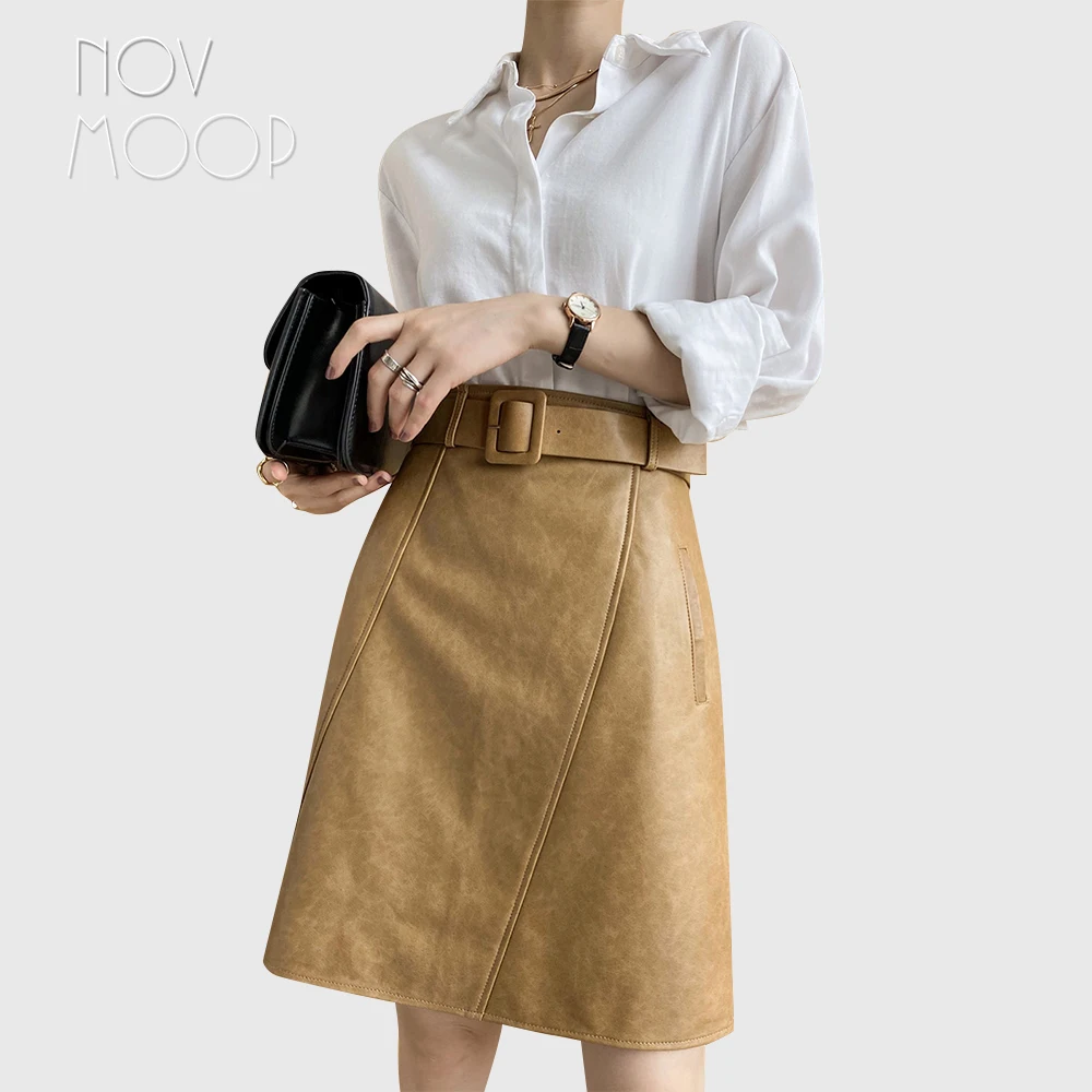 Novmoop wax genuine leather sheepskin women skirt spring autumn wear A line spliced elegant style buckle belt decor LT3445
Novmoop wax genuine leather sheepskin women skirt spring autumn wear A line spliced elegant style buckle belt decor LT3445