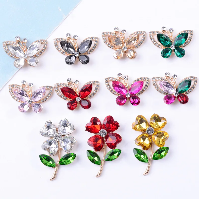 

5 Pcs/Lot Acryli Flower Butterfly Alloy Rhinestone Buttons Round Plate Diamond Buckle DIY For Shoes Clothing Hand-made Material