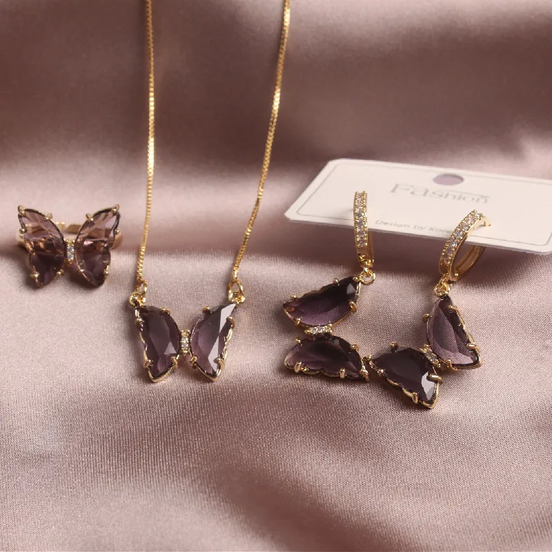 2020 Korean new dedesign fashion jewelry exquisite copper inlaid zircon glass butterfly purple pink earrings for women | Украшения и