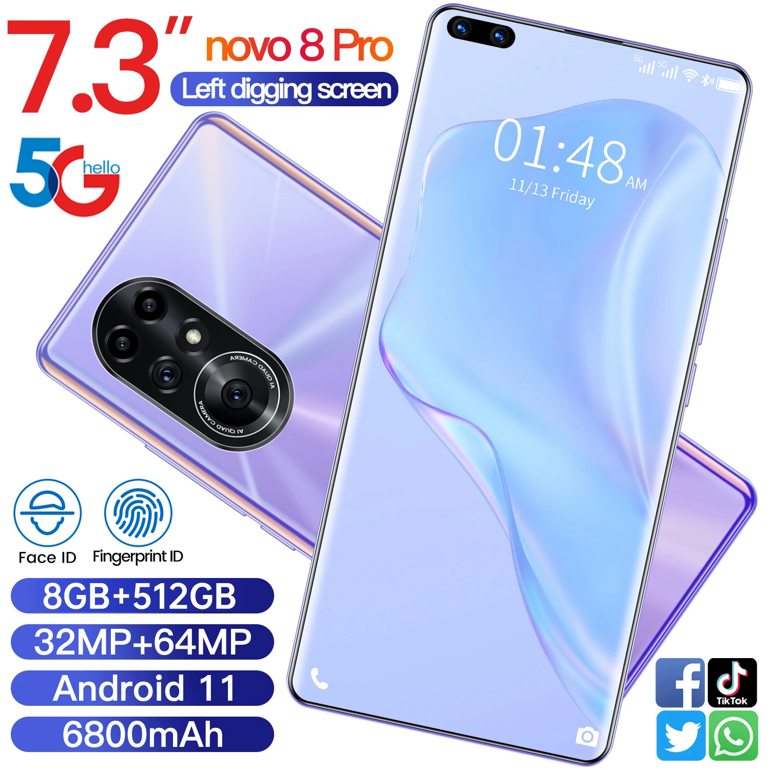Global Version Smartphone Novo8 Pro 7.3 Inch 8 512GB MTK6889 Andriod11 Dual SIM Face ID Unlock 2021 4G 5G Network Mobile Phone
Global Version Smartphone Novo8 Pro 7.3 Inch 8 512GB MTK6889 Andriod11 Dual SIM Face ID Unlock 2021 4G 5G Network Mobile Phone