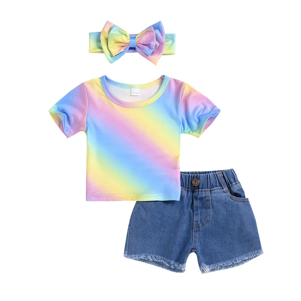 Baby Girls Tops+Shorts+Headwear Suit Rainbow Short Sleeves Clothing Set for Summer YH-17
Baby Girls Tops+Shorts+Headwear Suit Rainbow Short Sleeves Clothing Set for Summer YH-17