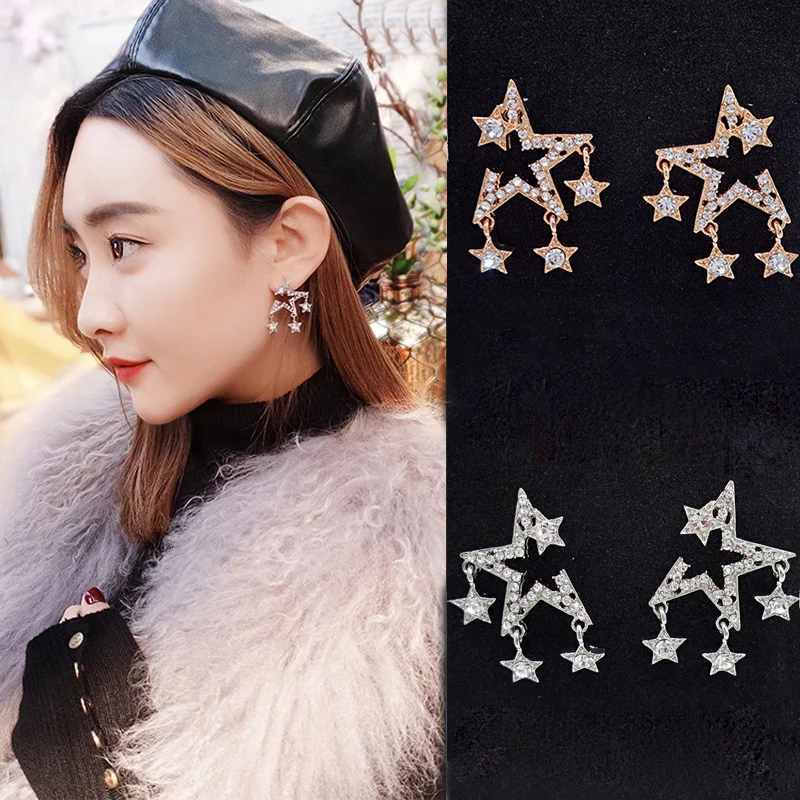 Personality new fashion five-pointed star tassel women's dangle earring diamond-studded charm temperament accessories wholesale
Personality new fashion five-pointed star tassel women's dangle earring diamond-studded charm temperament accessories wholesale