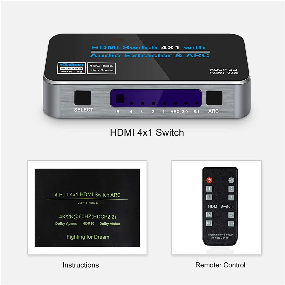 Мини-переключатель 4x1 4K HDMI аудиоэкстрактор с дугой и оптическим Toslink 2 0