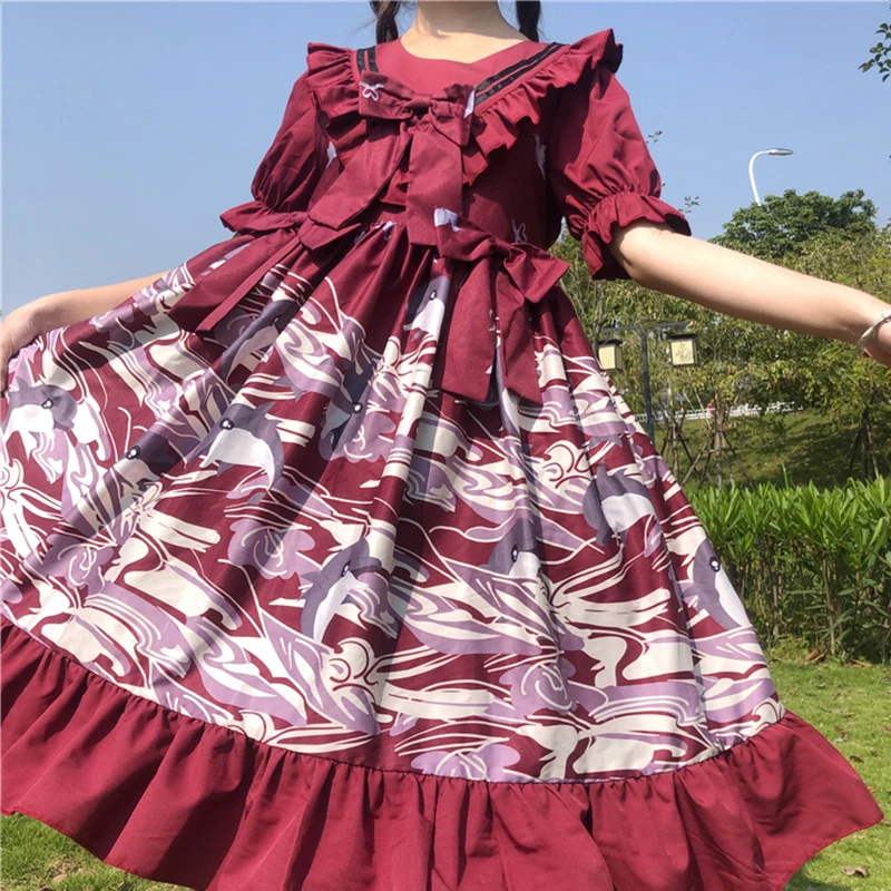 

Sweet Women's Lolita OP Dress Dress Half Sleeve Ruffles Bows Trim Cute One Piece Summer Vintage Elegant Dress Red Black