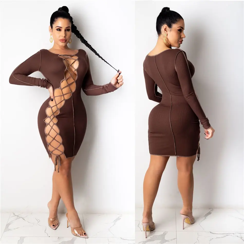 Women Dress Cross Lace Up Hollow Out Classic Basic Round Neck Full Sleeve Party Club Dresses Autumn Elastic Hight Robe Femme 
Women Dress Cross Lace Up Hollow Out Classic Basic Round Neck Full Sleeve Party Club Dresses Autumn Elastic Hight Robe Femme