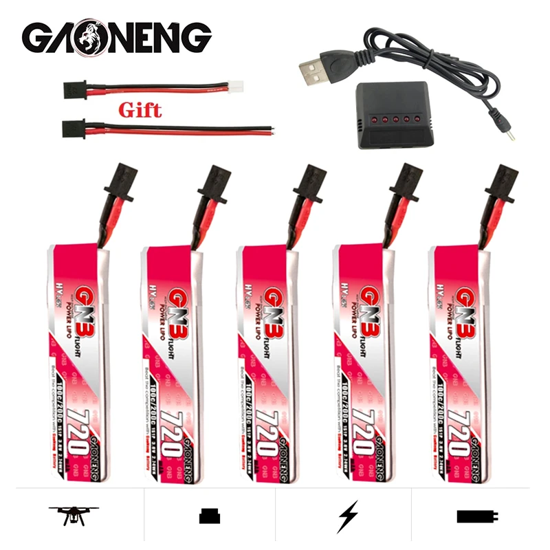 GAONENG GNB Max 200C 1S HV Lipo Battery 3.8V 720mah With Charger GNB27 Plug for Quadcopter FPV Drone Tinywhoop Frame RC Drone
GAONENG GNB Max 200C 1S HV Lipo Battery 3.8V 720mah With Charger GNB27 Plug for Quadcopter FPV Drone Tinywhoop Frame RC Drone