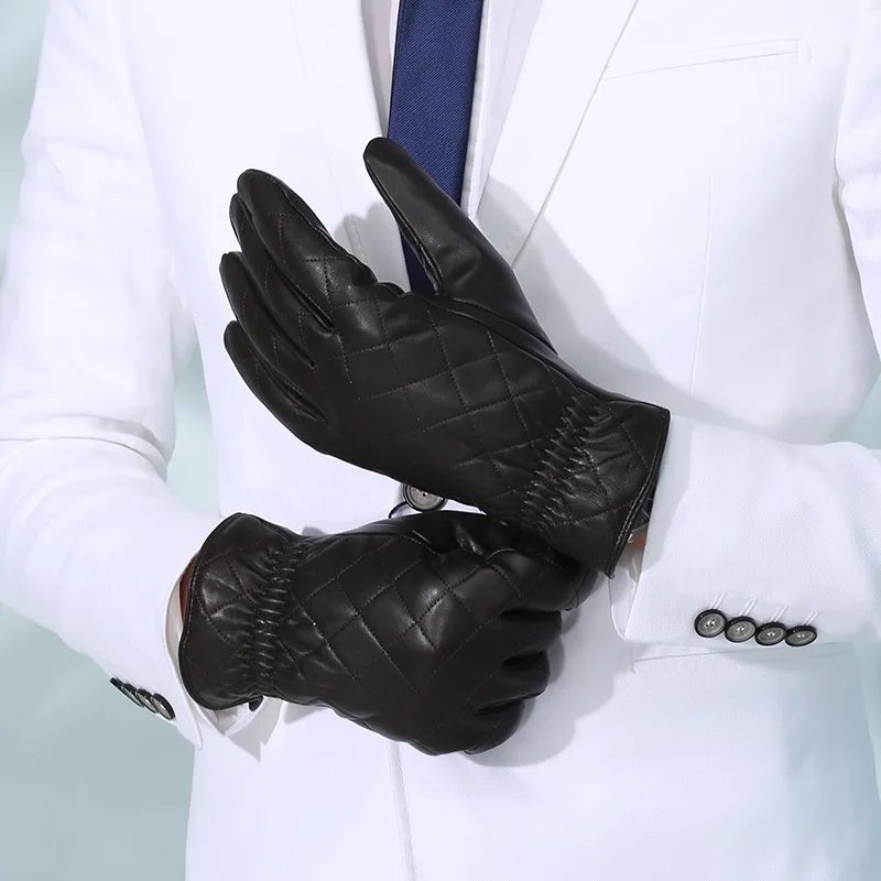 

Мужские перчатки из натуральной кожи, модные зимние теплые плотные черные перчатки из овчины, бархатные перчатки для вождения, варежки, бес...