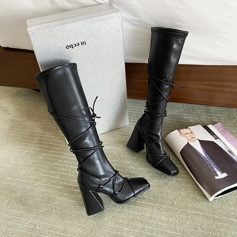 Women's Black Leather Knee High Boots Square Toe Strap Cross High Heels Shoes Knight Pull On N36
Women's Black Leather Knee High Boots Square Toe Strap Cross High Heels Shoes Knight Pull On N36