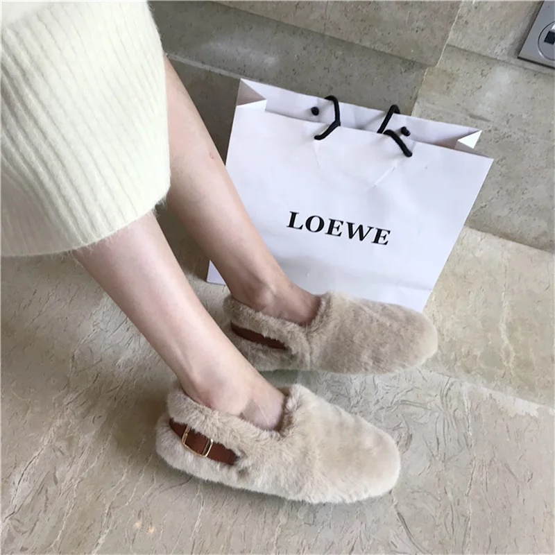 

2021 autumn and winter new net red plus velvet warm mink women's shoes round toe thick-soled comfortable cotton scoop shoes