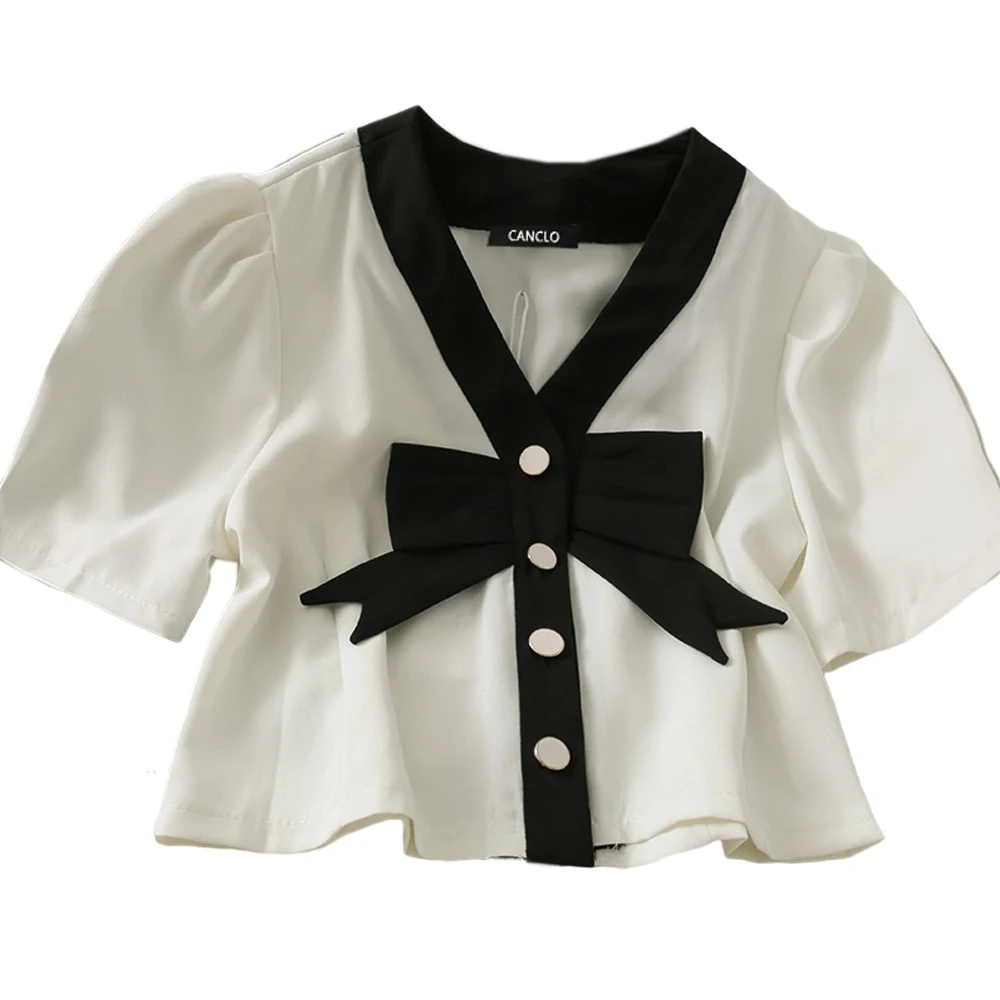 CANCLO Women's Summer Blouses 2021 Chic Patchwork Bow Button Up Shirt Short Sleeve Crop Top Female Elegant Blouse Y2k Fashion
CANCLO Women's Summer Blouses 2021 Chic Patchwork Bow Button Up Shirt Short Sleeve Crop Top Female Elegant Blouse Y2k Fashion