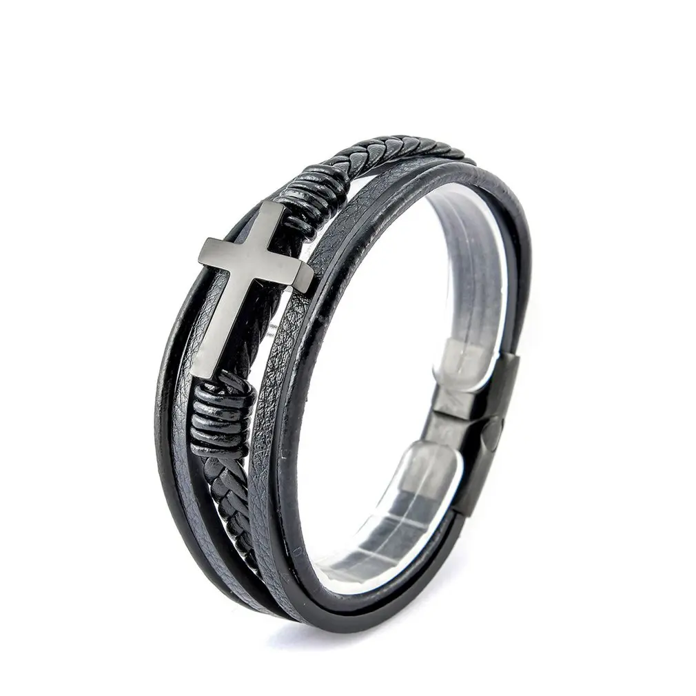 Multi-layer Stainless Steel Men's Leather Bracelet Polished Cross Braided Leather Bracelet Wrap Bracelet 
Multi-layer Stainless Steel Men's Leather Bracelet Polished Cross Braided Leather Bracelet Wrap Bracelet