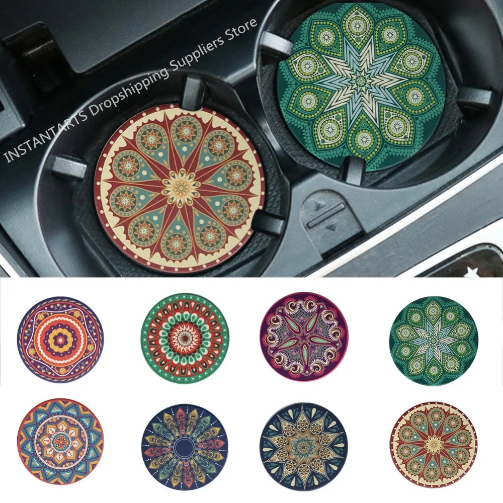 INSTANTARTS 2Pcs Retro Boho Mandala Automobile Cup Placemat Fashion Coaster Bottle Mats Drinking Holder | Автомобили и мотоциклы