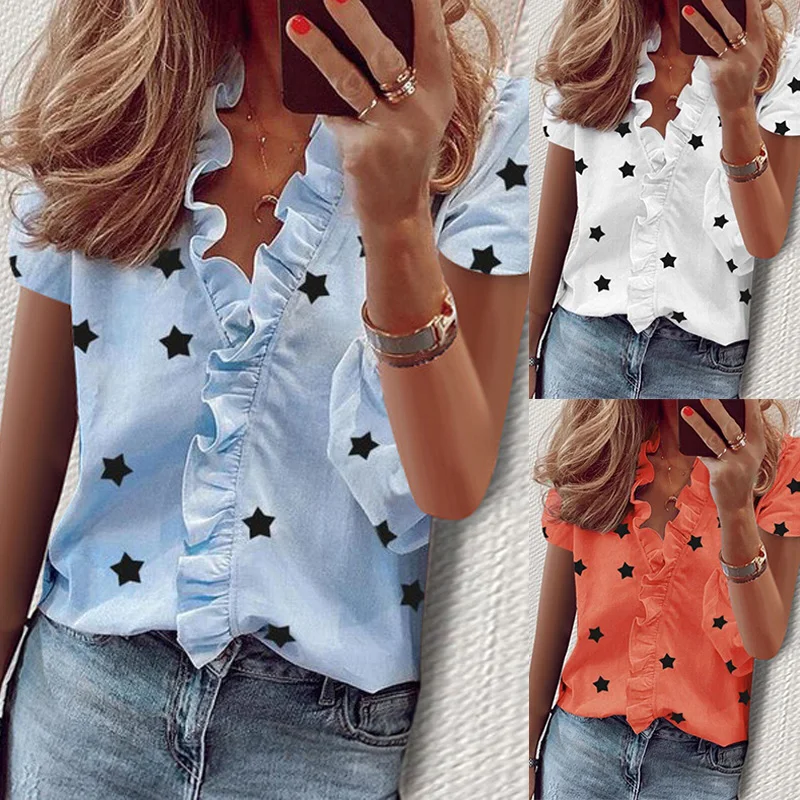 Women V Neck Ruffle Star Print Short Sleeve T-shirt Ladies Blouse Shirts Tops TC21 
Women V Neck Ruffle Star Print Short Sleeve T-shirt Ladies Blouse Shirts Tops TC21