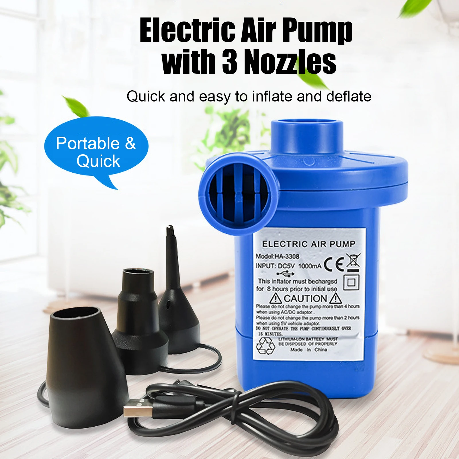 Electric Air Pump with 3 Nozzles USB Rechargeable Portable Quick Air Pump for Inflatables Air Mattress Air Bed Toy Swimming Ring
Electric Air Pump with 3 Nozzles USB Rechargeable Portable Quick Air Pump for Inflatables Air Mattress Air Bed Toy Swimming Ring