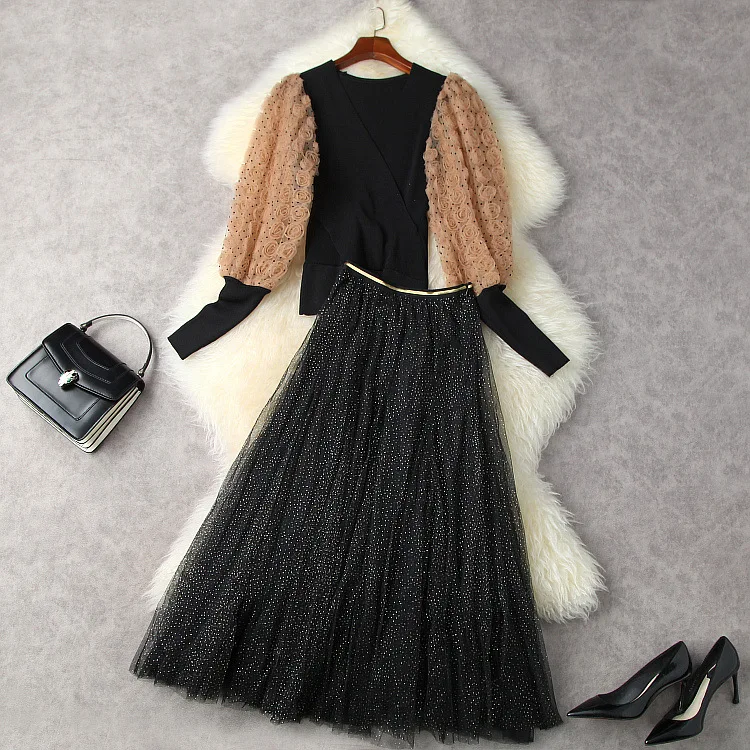European and American women's clothing winter 2022 new Pan flower lantern sleeve Knitting sweater Mesh skirt Fashion suits
European and American women's clothing winter 2022 new Pan flower lantern sleeve Knitting sweater Mesh skirt Fashion suits