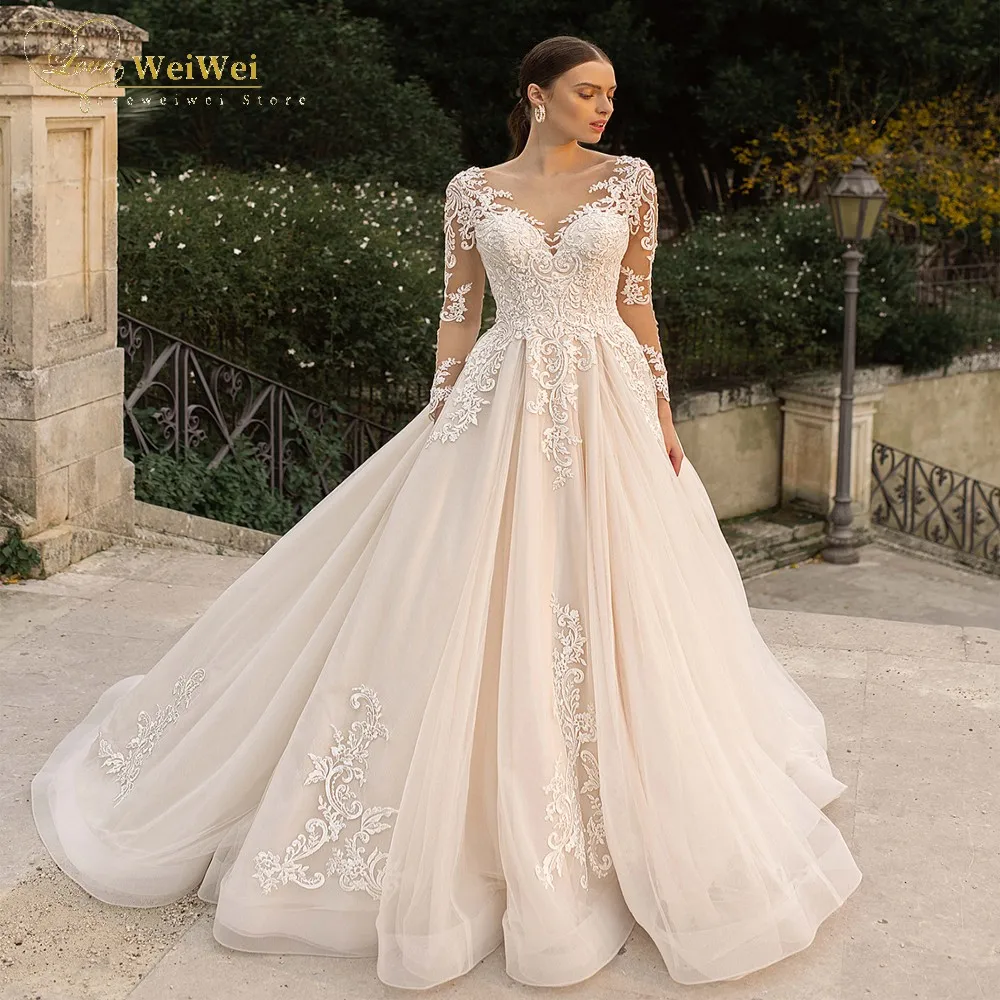 Gorgeous Sheer V-Neck Wedding Dress A-Line Floor Length Court Train Long Sleeves Button Appliques Bride Gowns Vestidos De Novia
Gorgeous Sheer V-Neck Wedding Dress A-Line Floor Length Court Train Long Sleeves Button Appliques Bride Gowns Vestidos De Novia