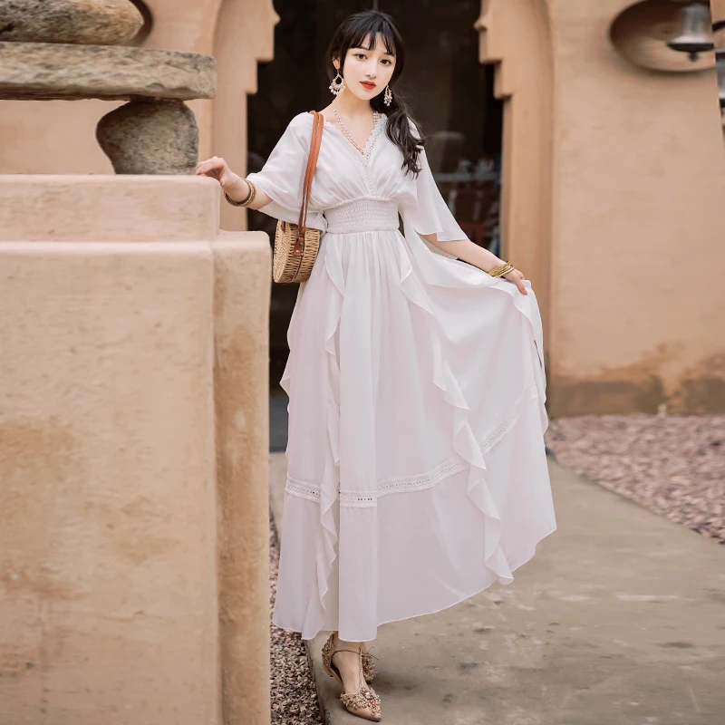 Beach Style White Fairy Dress Sexy Backless Deep V-Neck Batwing Sleeve Ankle Length Large Size Long Dresses Vintage Vestido
Beach Style White Fairy Dress Sexy Backless Deep V-Neck Batwing Sleeve Ankle Length Large Size Long Dresses Vintage Vestido