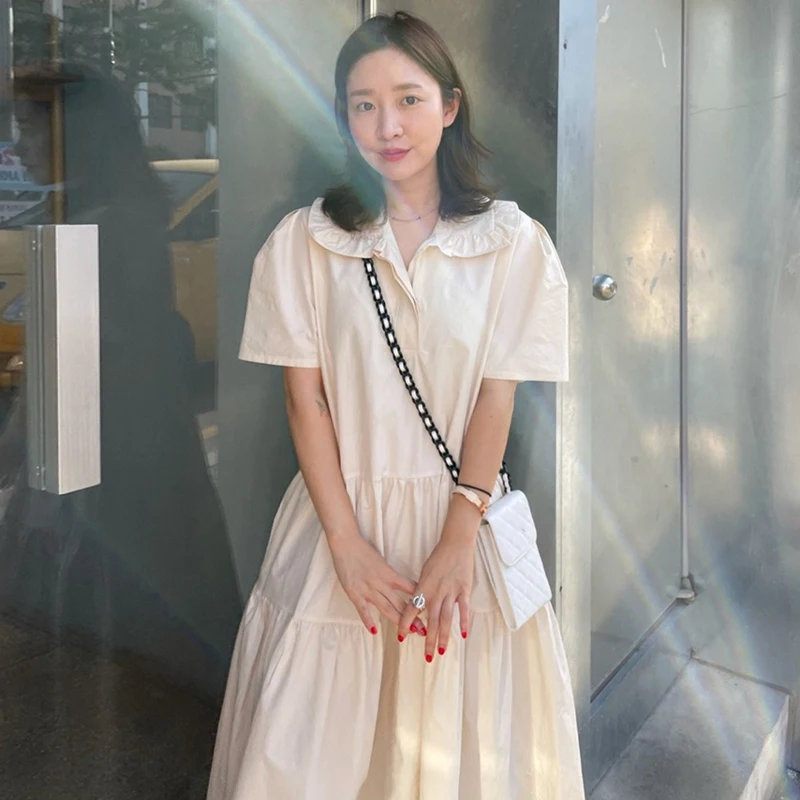 

Korejpaa Women Dress 2021 Summer Korean Fashion Chic Sweet Elegant Lapel Fold Loose Casual Bubble Sleeve Big Swing Vestido