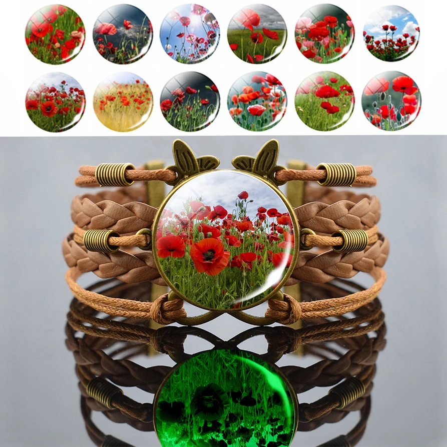 Poppy Pattern Bracelet Brown Leather Woven Bracelets Art Picture Glass Cabochon Jewelry Bangle Fashion Men Luminous Bracelet
Poppy Pattern Bracelet Brown Leather Woven Bracelets Art Picture Glass Cabochon Jewelry Bangle Fashion Men Luminous Bracelet