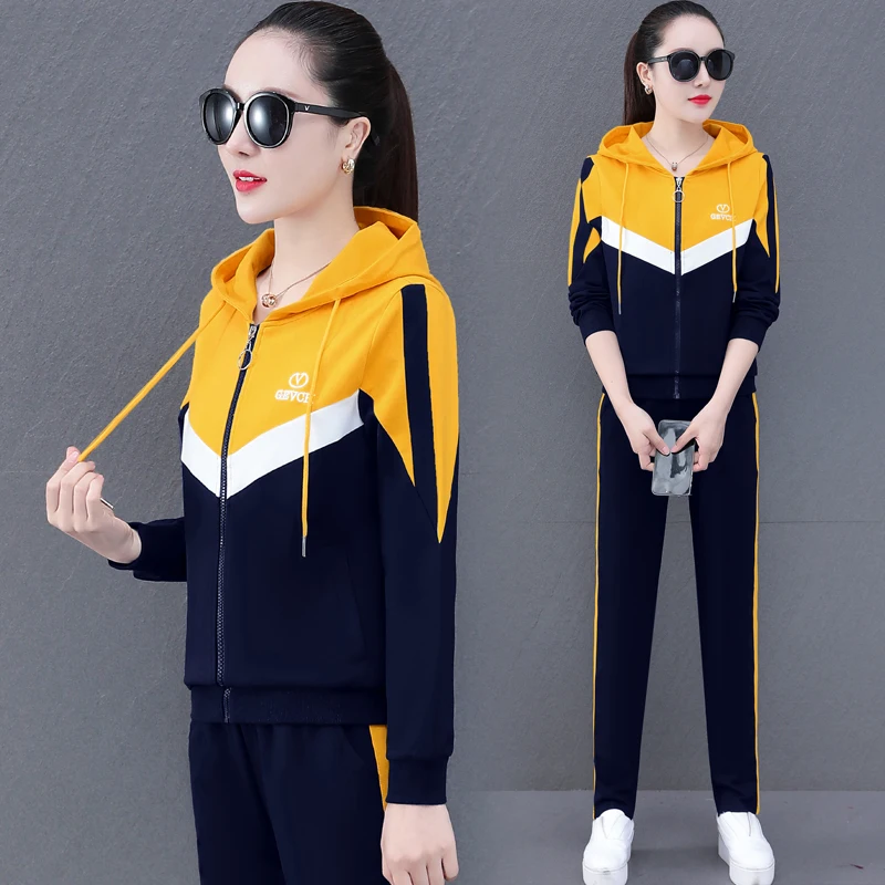 

Sports 2piece Set Autumn New Fashion Big Size Loose Long Sleeved Casual Age Reducing Two Piece Sweater Splicing Black Gray