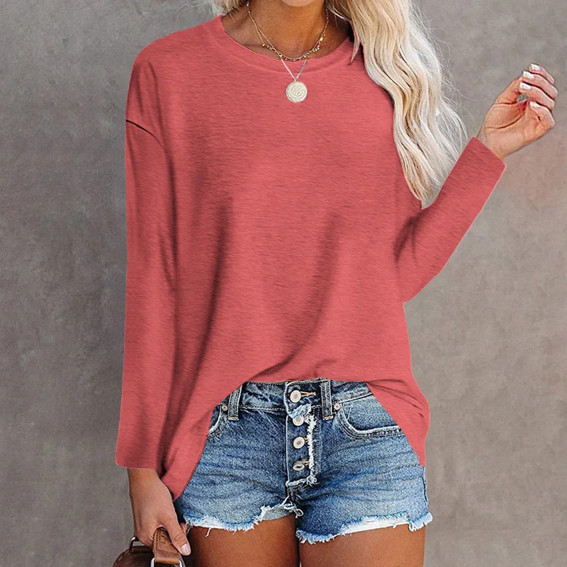 2021 Fashion Long Sleeve Solid Color Women T-Shirt Loose Elegant Casual Top O-neck Oversized Female Clothes Tees Mujer Camiseta | Женская