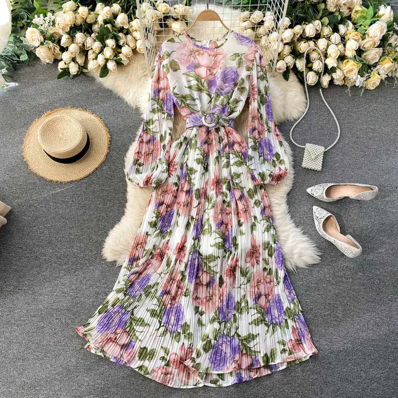 Spring Autumn Holidays Women's Chiffon Printed Pleated Beach Dress 2021 Vintage Elegant O-Neck Maxi Dress With Belt Femme Robe
Spring Autumn Holidays Women's Chiffon Printed Pleated Beach Dress 2021 Vintage Elegant O-Neck Maxi Dress With Belt Femme Robe