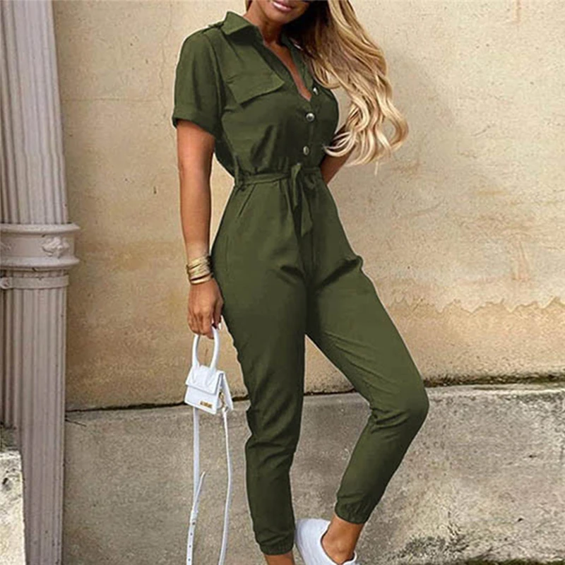 Women Casual Deep V Neck Short Sleeve Button Jumpsuit Ladies Slim Belt Decor Babysuit Women Fashion Solid Color Jumpsuit
Women Casual Deep V Neck Short Sleeve Button Jumpsuit Ladies Slim Belt Decor Babysuit Women Fashion Solid Color Jumpsuit
