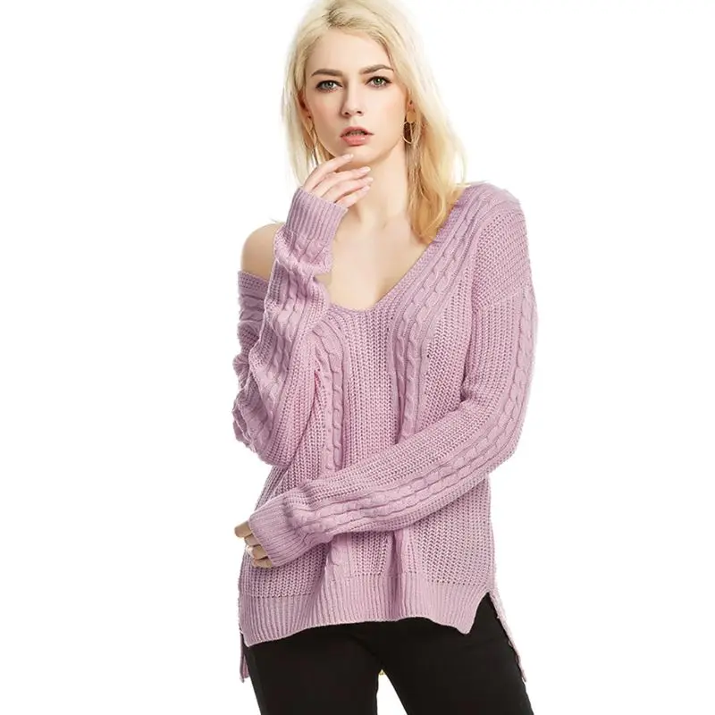 

Women Long Sleeve Cable Knit Sweater Sexy Off Shoulder Criss Cross Back Pullover Tunic Tops Solid Color V-Neck Asymmetric Slouch