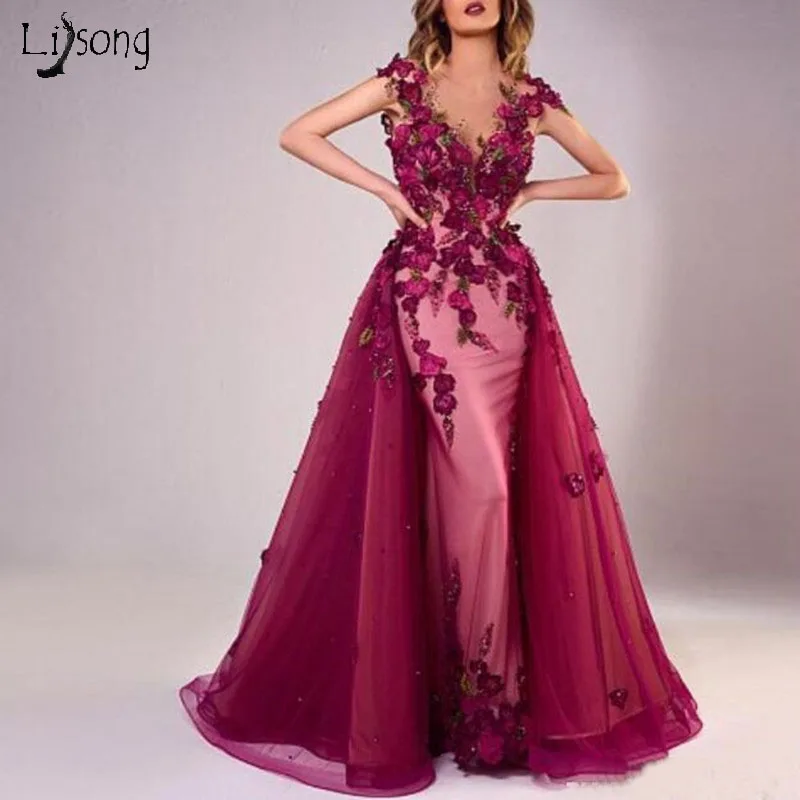 Женское вечернее платье со съемным шлейфом элегантное кружевное 3D с цветочным