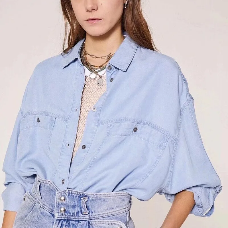 Women Turn-Down Collar Denim Blouse 2021 New Long Sleeve Single-Breasted Ladies Blue Chemise Shirt and Tops With Large Pockets
Women Turn-Down Collar Denim Blouse 2021 New Long Sleeve Single-Breasted Ladies Blue Chemise Shirt and Tops With Large Pockets