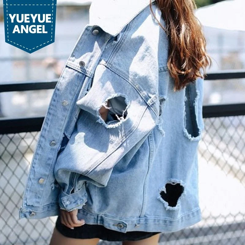 Big Hole Ripped Loose Fit Long Sleeved Turn Down Collar Single Breasted Womens Jackets Retro Bf Style Korean Style New Fashion
Big Hole Ripped Loose Fit Long Sleeved Turn Down Collar Single Breasted Womens Jackets Retro Bf Style Korean Style New Fashion
