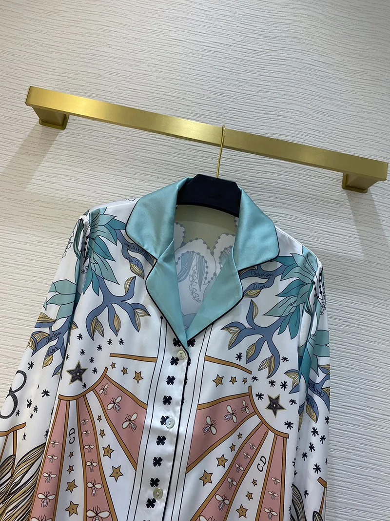 High Quality Spring and Summer New Women's Fashion Lapel Printed Long-sleeved Shirt Elastic Waist Trousers 2pcs Suit Thin 
High Quality Spring and Summer New Women's Fashion Lapel Printed Long-sleeved Shirt Elastic Waist Trousers 2pcs Suit Thin