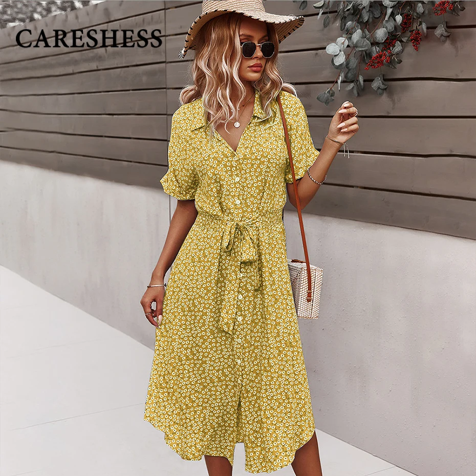 CARESHESS Casual Summer Women Dresses Spring Sexy Lady Korean Style Vintage Floral Print Chiffon Shirt Midi Lace-up A-line Dress
CARESHESS Casual Summer Women Dresses Spring Sexy Lady Korean Style Vintage Floral Print Chiffon Shirt Midi Lace-up A-line Dress