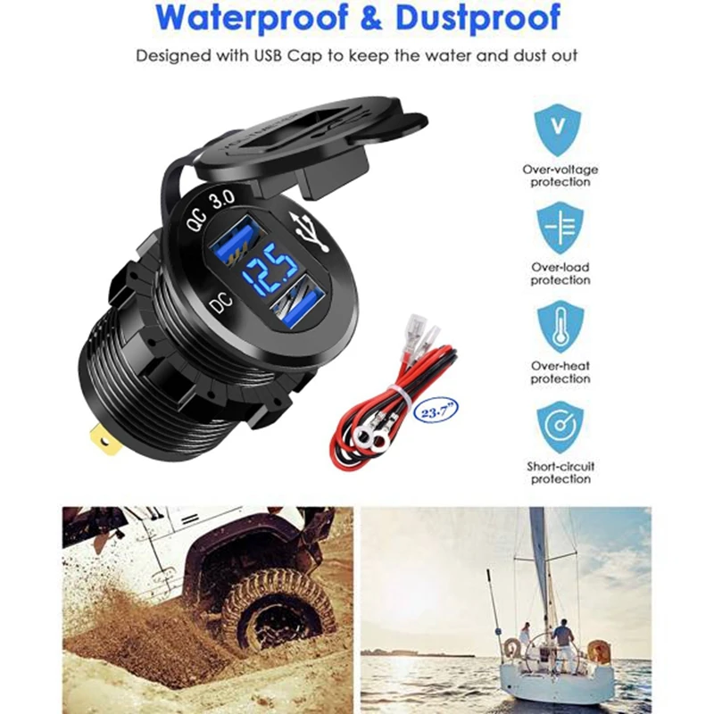 QC3.0 USB Car Charger Waterproof Dual USB Fast Charger Socket Power Outlet with LED Display for Car Boat Motorcycle
QC3.0 USB Car Charger Waterproof Dual USB Fast Charger Socket Power Outlet with LED Display for Car Boat Motorcycle
