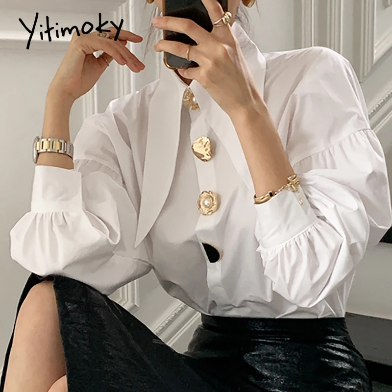 

Блузка Yitimoky Женская Асимметричная на пуговицах, свободная рубашка с рукавами-фонариками и отложным воротником, в Корейском стиле, одноцвет...