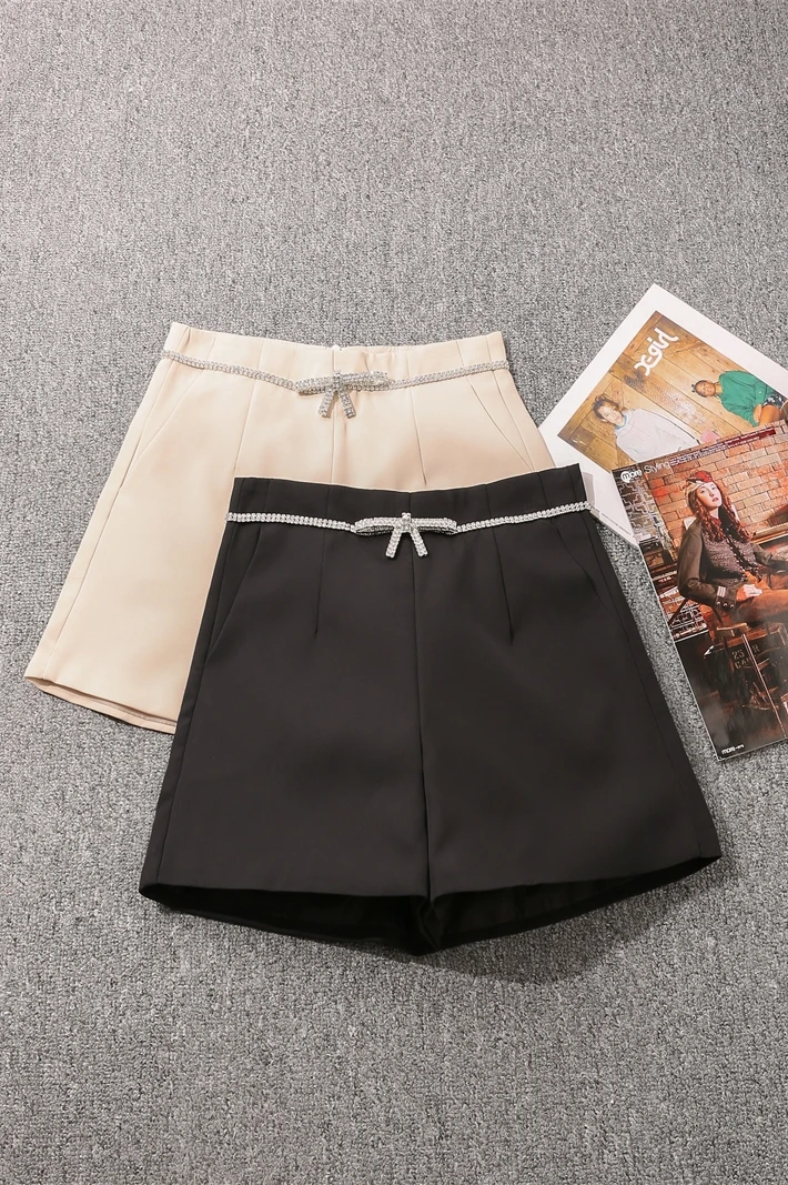 Summer 2021 New Diamond Bow Casual High Waist Shorts Women's Slimming Versatile Suit Wide-Leg A- line Shorts