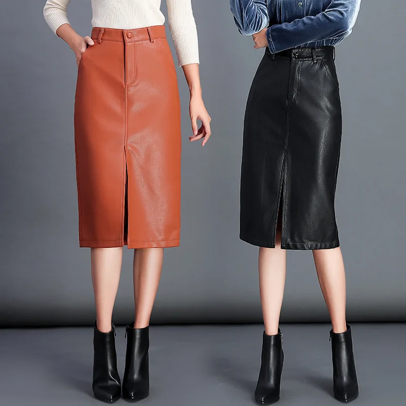 Женская кожаная юбка с высокой талией, черная облегающая юбка выше колена, с разрезом спереди 
Женская кожаная юбка с высокой талией, черная облегающая юбка выше колена, с разрезом спереди